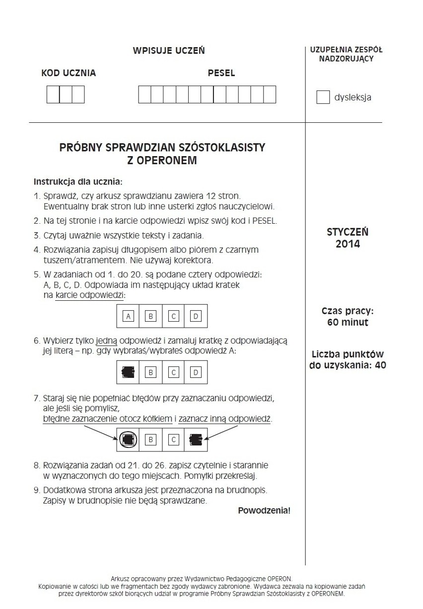 Póbny Sprawdzian Szóstoklasisty 2014 z Operonem [ARKUSZ + KLUCZ ODPOWIEDZI]