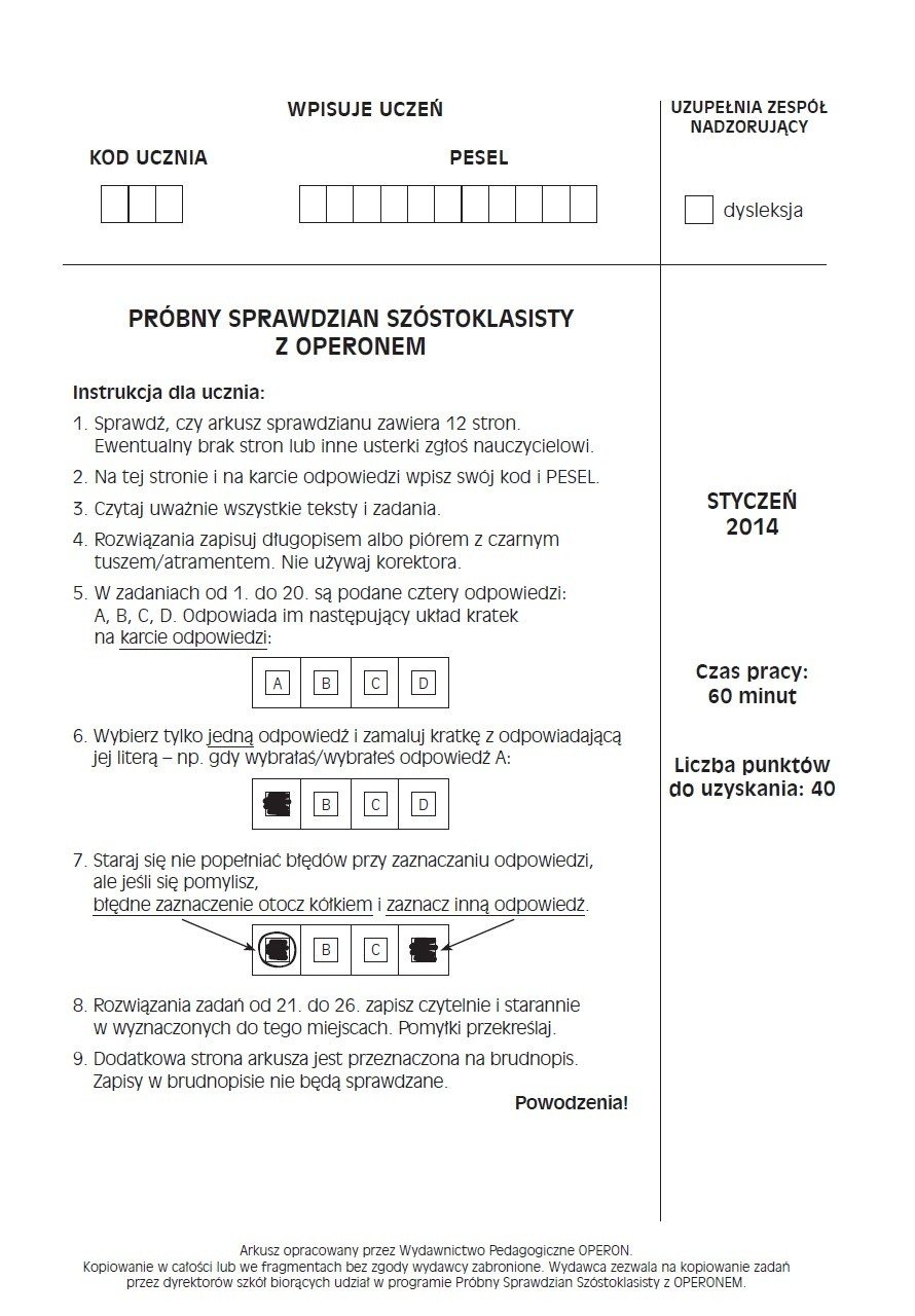 Próbny test szóstoklasisty 2013 Operon [ARKUSZ, KLUCZ OPOWIEDZI