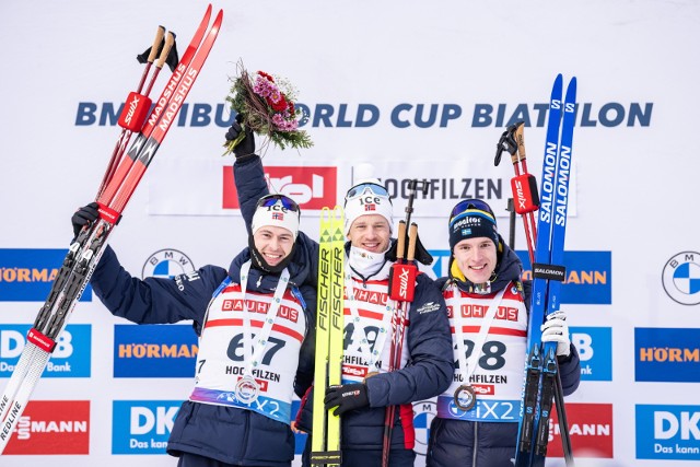 Biathlonista Norweg Tarjei Boe zwycięski w sprincie w Hochfilzen