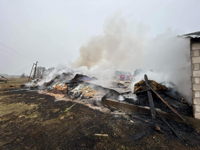 Pożar w Kuskowie. Spłonęła stodoła, a wraz z nią 30 ton zboża, bele siana i stogi słomy. Do pożaru doszło 15.02.2023