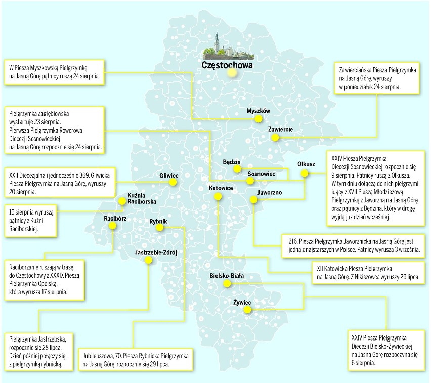 Mapa  rowerowej oraz pieszych pielgrzymek, które wyruszą z...