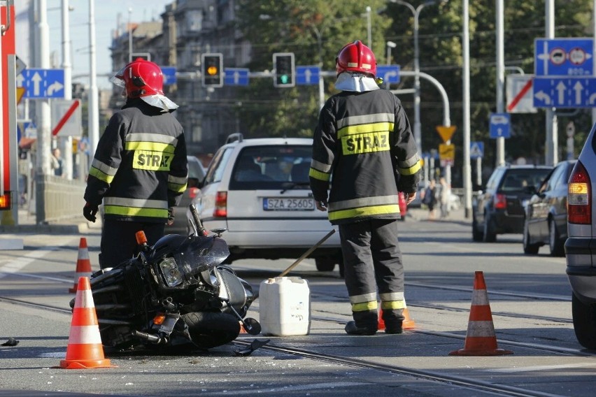 Pl. Wróblewskiego: Wypadek z udziałem motocyklisty. Nie jeździły tramwaje na Księże Małe [FOTO]