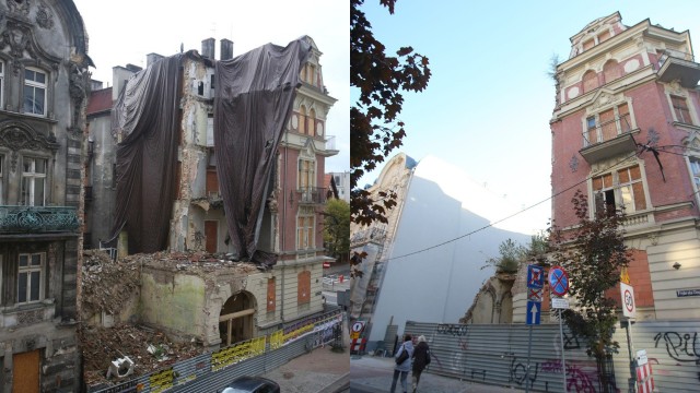 Tak miejsce katastrofy wyglądało w 2014 roku, a po lewej tak wygląda dziś - puste miejsce po zawalonej kamienicy.Zobacz kolejne zdjęcia. Przesuwaj zdjęcia w prawo - naciśnij strzałkę lub przycisk NASTĘPNE