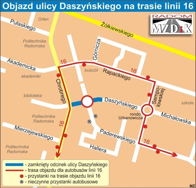 Objazd ulicy Daszyńskiego na trasie linii 16.