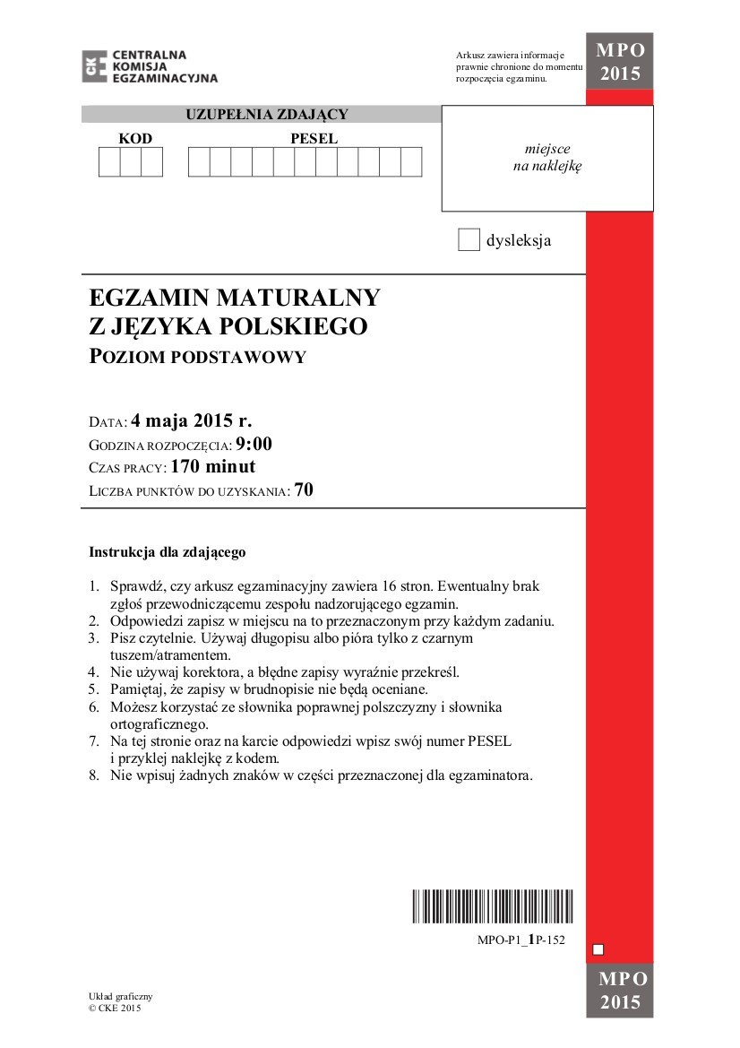 Matura 2015 język polski, poziom podstawowy liceum