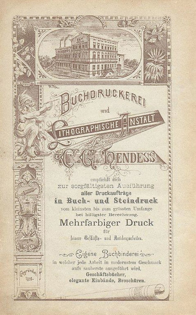 Reklama zakładu litograficznego "Hendessa&#8221; z najstarszej książki adresowej Koszalina z 1894 roku. Oryginał znajduje się w zasobach Archiwum Państwowego w Koszalinie. (źródło: Archiwum Państwowe w Koszalinie). 