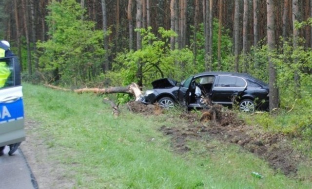 Wypadek w Poraju: wjechali skodą w drzewo