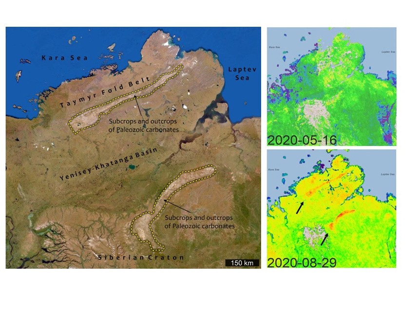 Po lewej stronie: zdjęcie satelitarne północnej Syberii. Dwa...