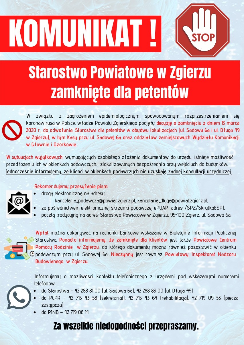 Starostwo Powiatowe w Zgierzu zamknięte dla interesantów!