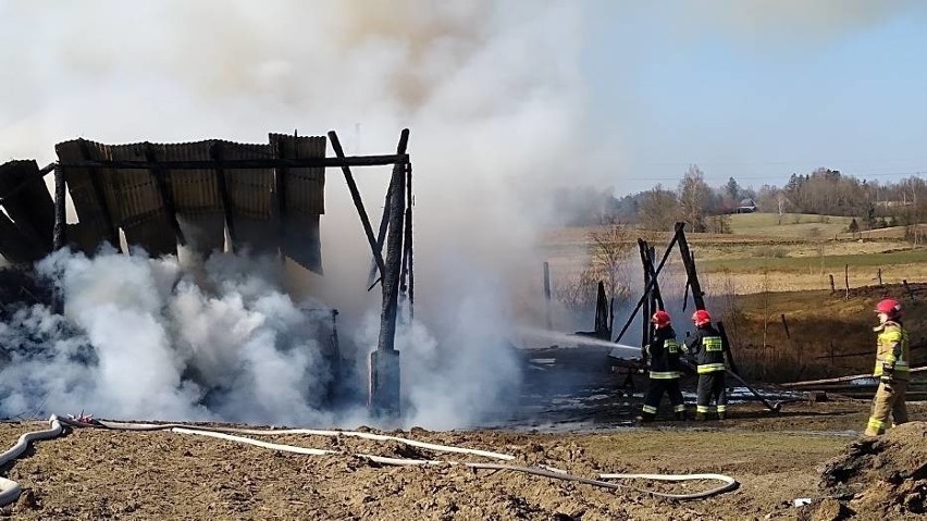 Pożar w Węgorzynku, gm. Miastko 24.03.2020. Spaliły się maszyny rolnicze w budynku gospodarskim 