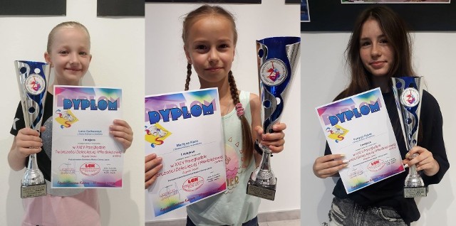 Od lewej: Martyna Kaca, Lena Galbarczyk i Patrycja Rybak zdobyły pierwsze miejsca w kategoriach tanecznych podczas XXIV Przeglądu Tw&oacute;rczości Dziecięcej i Młodzieżowej Lipsko 2020.