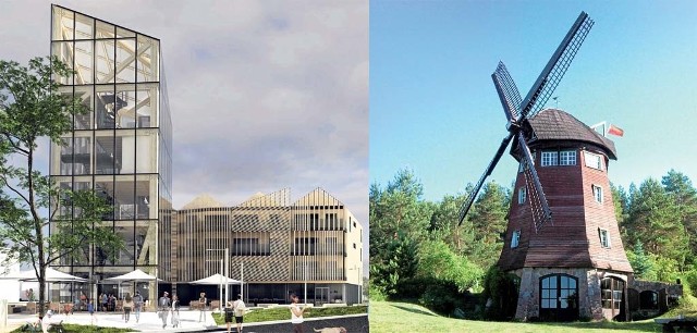 Ten projekt zwyciężył w konkursie (z lewej). Zamiast wiatraka, ma stanąć przeszklona wieża. Taki wiatrak stoi w Studziankach w gminie Wasilków. Należy do dr Tureckiego.