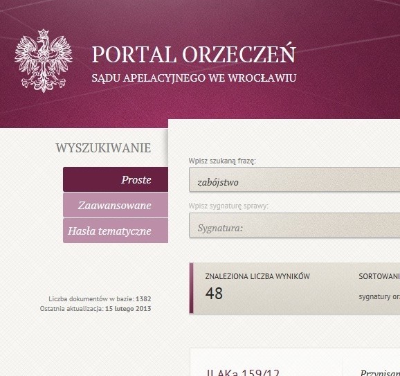 Zdjęcie strony internetowej Portalu Orzeczeń wrocławskiego sądu. Słupski będzie wyglądał podobnie.