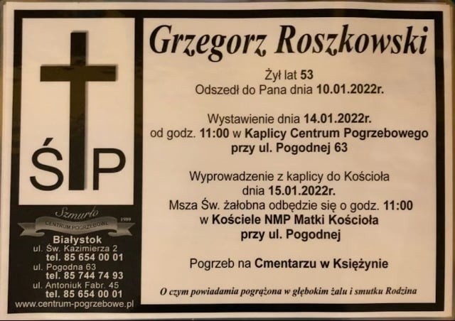 Nie żyje chirurg Grzegorz Roszkowski, zastępca dyrektora ds. lecznictwa szpitala w Łapach. Pogrzeb odbędzie się 15 stycznia