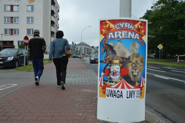 Reklama cyrku Arena na latarni w Stalowej Woli