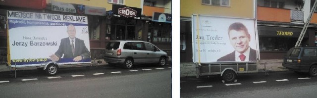 Lawety z plakatami kandydatów do samorządu zajęły miejsca parkingowe przy ulicy Wojska Polskiego.