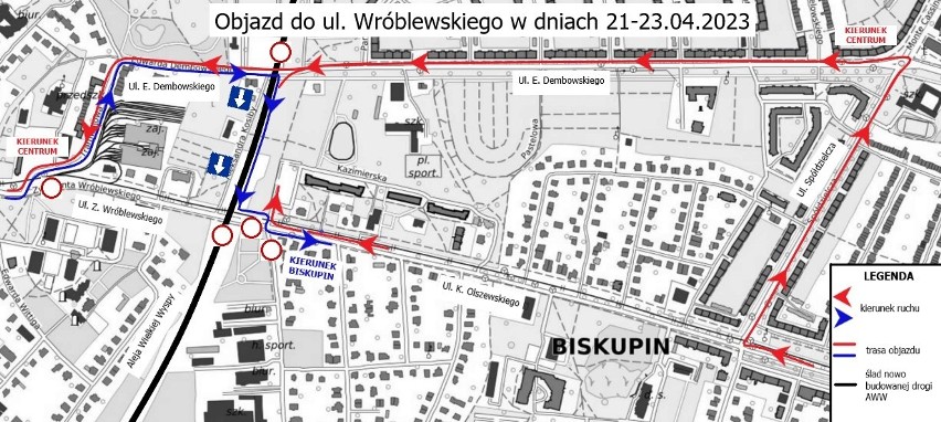 Mapa z objazdem do ul. Wróblewskiego. Zostanie wprowadzony...