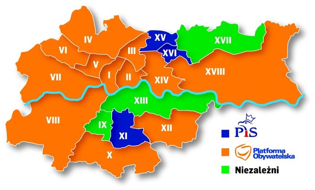 Mapka pokazuje, kto będzie rządził w krakowskich radach dzielnic