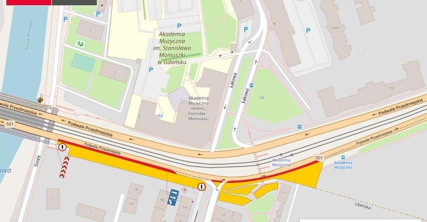 Zwężenie odcinka ul. Podwale Przedmiejskie przy skrzyżowaniu z ul. Łąkową w Gdańsku. Zmiana organizacji ruchu od 17.02.2020 [mapa]