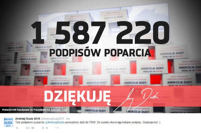 Sztab Andrzeja Dudy dziękuje na twitterze za poparcie.