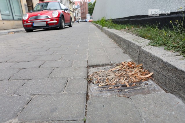 Ulica Mała Odrzańska. Wpust do kanalizacji deszczowej całkowicie zablokowany przez piach, trawę i śmieci, które naniosły ostatnie ulewy. Taki wpust nie ma szans na przyjęcie kolejnych opadów. Nie wiadomo dokładnie ile takich wpustów jest niedrożnych po ostatnich opadach. 