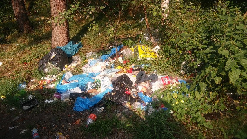 Śmieci zalegają przy ścieżce rowerowej w Trzebiesławicach
