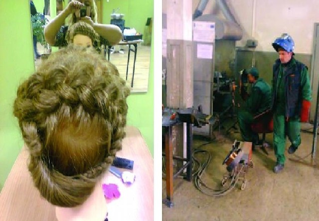 Po lewej: Panie mogą skorzystać z kursu dla przyszłym fryzjerek. Ten odbył się w Świeciu. Po prawej: Dla mężczyzn zorganizowano kurs spawania. Na zdjęciu: zajęcia w Rypinie.