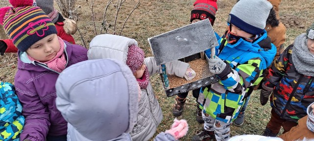 Dzieci w Ninkowie dokarmiają ptaki zimą.