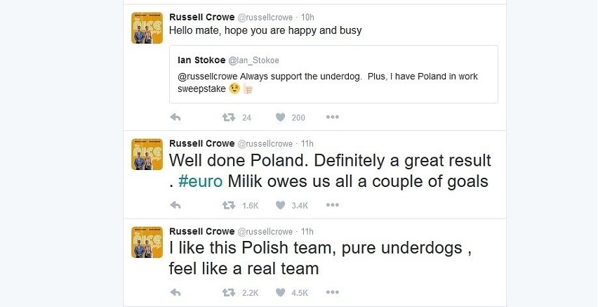 Russell Crowe zamieścił swoje wpisy na Twitterze....