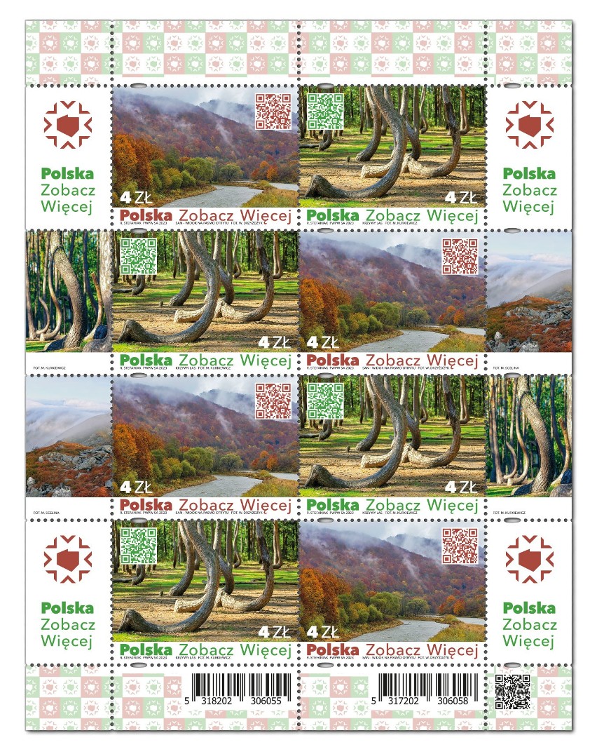 Bieszczady i Krzywy Las na turystycznych znaczkach Poczty Polskiej. Z kodami QR