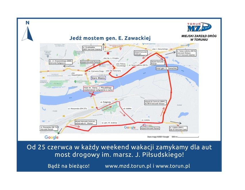 Zamknięty most w Toruniu. Wszystko, co trzeba wiedzieć [mapki, godziny, daty]