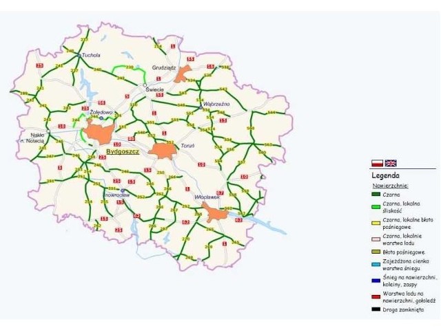 Ślisko jest na odcinku krajowej 10, w rejonie Bydgoszczy, kierowcy powinni też uważać na drodze nr 244.