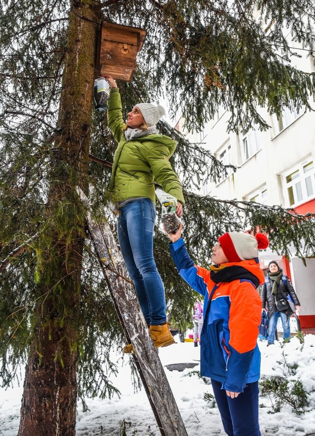 Dorota Kowalewska, nauczycielka z SP nr 60, właśnie sypie pokarm dla ptaków. Pomaga jej w tym Jakub Głowski, uczeń klasy III G.