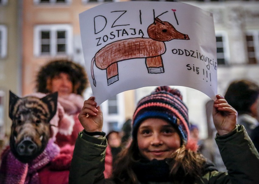 Manifestacja "Solidarni z dzikami" pod Fontanną Neptuna