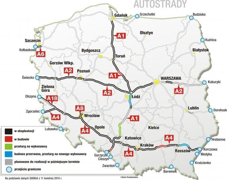 Polskie autostrady istniejące, budowane i planowane - stan...