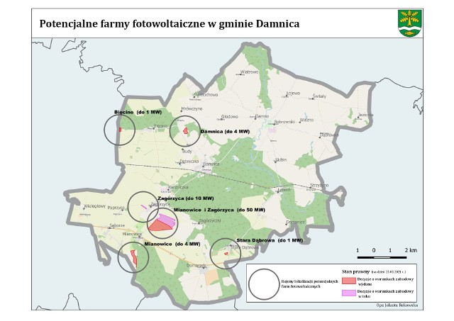 Lokalizacja farm fotowoltaicznych na terenie gminy Damnica.