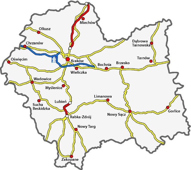 W rządowym programie budowy dróg są dwa odcinki S7: Lubień - Rabka oraz Kraków - woj. świętokrzyskie (zaznaczone na czerwono). Terminy realizacji są zagrożone