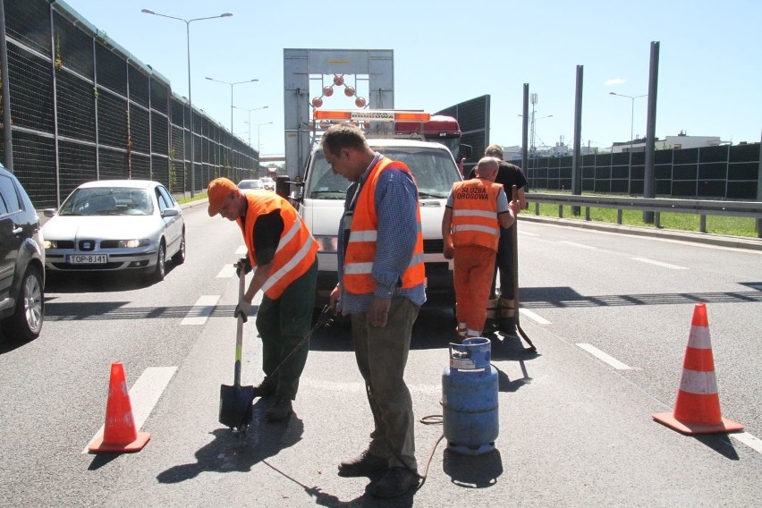 Kielce. Z asfaltu usuwali... masę bitumiczną