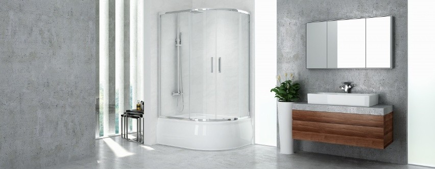 Aranżacja łazienki z kabiną prysznicową. Asymetryczna kabina...