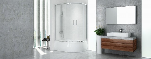 Aranżacja łazienki z kabiną prysznicową. Asymetryczna kabina z siedziskiem.