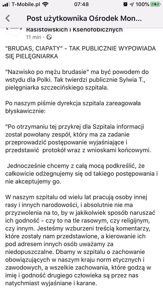 Szczecin. "Nazwisko po mężu brudasie." Pielęgniarka przeprasza za rasistowski wpis na FB