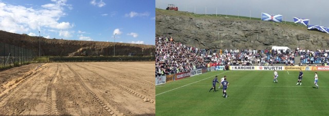 Po lewej będący w budowie stadion GKS Góral Górno. Po prawej obiekt drużyny Tofta Itrottarfelag z Wysp Owczych.