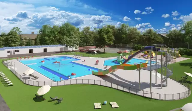 Tak będzie wyglądać nowy basen odkryty w Oleśnie. Jest to pierwotny projekt. Po aktualizacji z powodu zbyt wysokich kosztów nie będzie trampoliny.