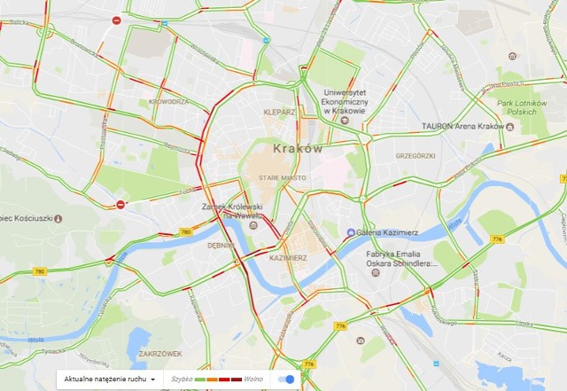 Aktualne (godz. 12:25) natężenie ruchu na drogach w centrum Krakowa. Wyraźnie widać korki na al. Trzech Wieszczów