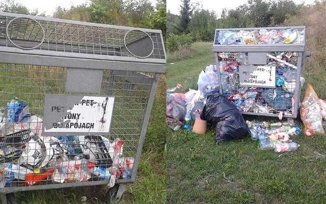 Pierwsze zdjęcie przedstawia opróżniony kosz (zdjęcie Urzędu Gminy w Sczecinku). Po prawej zdjęcie nadesłane przez Czytelnika. Ewidentnie to to samo miejsce i ten sam kosz na śmieci.