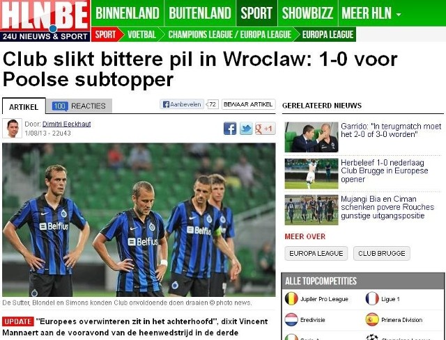 „Gorzka pigułka dla Club Brugge w Polsce: 1:0 dla polskiego średniaka” - pisze tabloid Het Laatste Nieuws