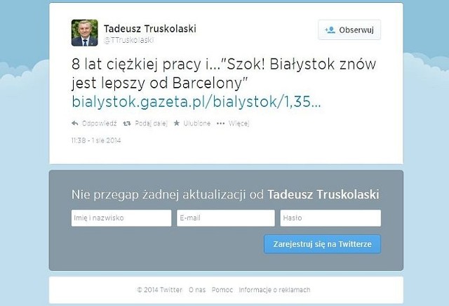 Wpis prezydenta Białegostoku na Twitterze po opublikowaniu rankingu miast najbardziej przyjaznych do życia