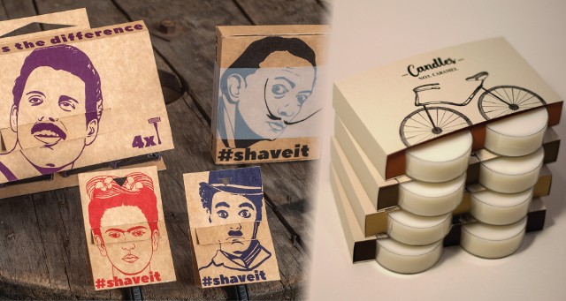 Z lewej projekt #shaveit - zestaw opakowań na maszynki do golenia autorstwa Moniki Czapiewskiej. Z prawej projekt Candles - seria opakowań na świece zapachowe, którego autorką jest Emilia Nowakowska.