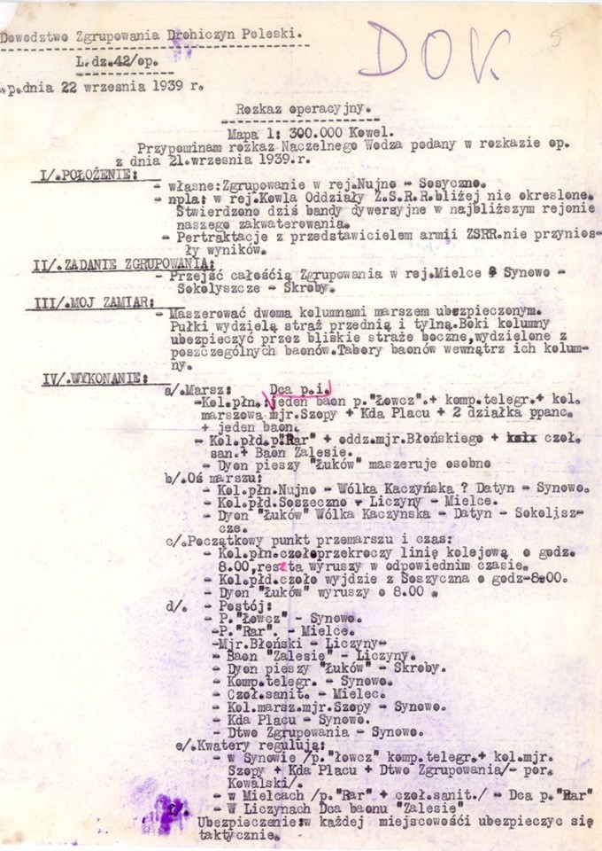 Rozkaz Organizacyjny Zgrupowania Drohiczyn Poleski z 22 IX 1939 r