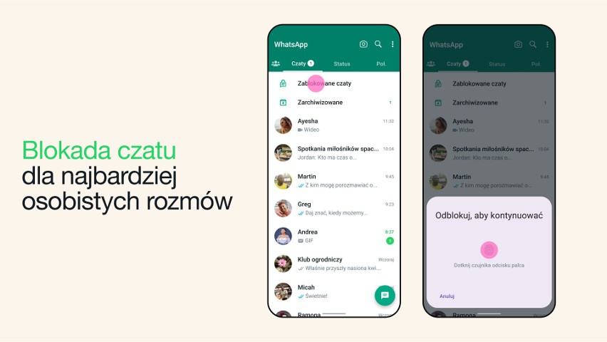 Folder z ukrytymi czatami chowa się w menu wysuwanym z góry...